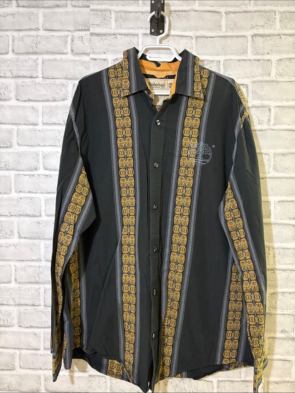 Timberland Black Shirt with Mustard Stripe Accents, size XL